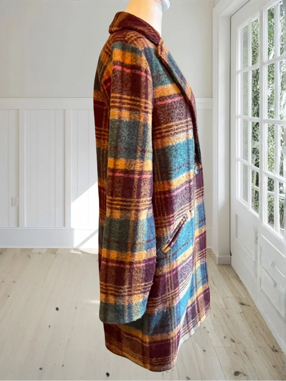 RACHEL ZOE Womens Large Plaid Wool Blend Overcoat NWOT Teal Gold Burgundy Coat - Picture 5 of 14
